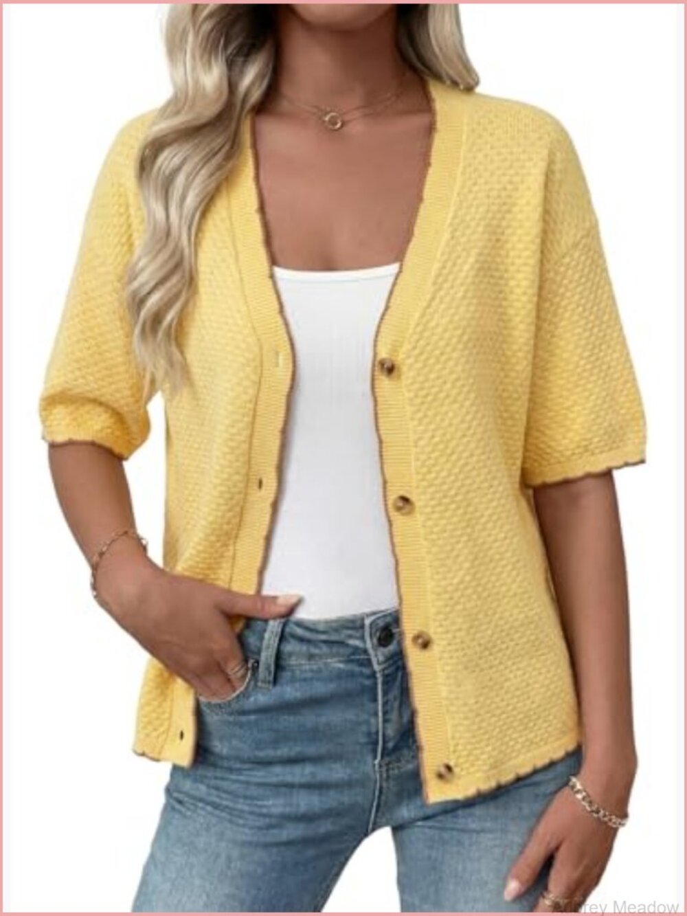 Textured Knit V-Neck Button Down Cardigan - Short Sleeve Cotton Top - Picture 6 of 7